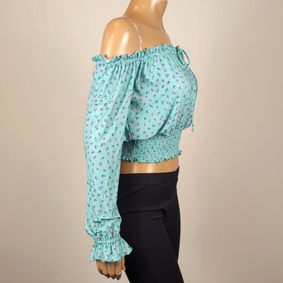 Guess Floral Off Shoulder Crop Top Long Sleeve Flare Cuff Smocked Bubble Hem - Picture 8 of 12